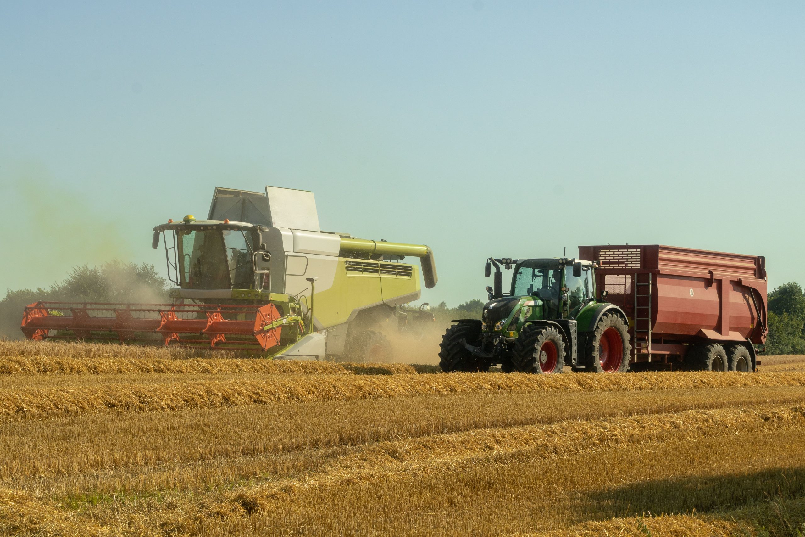 Moissonneuse et tracteur dans champ blé