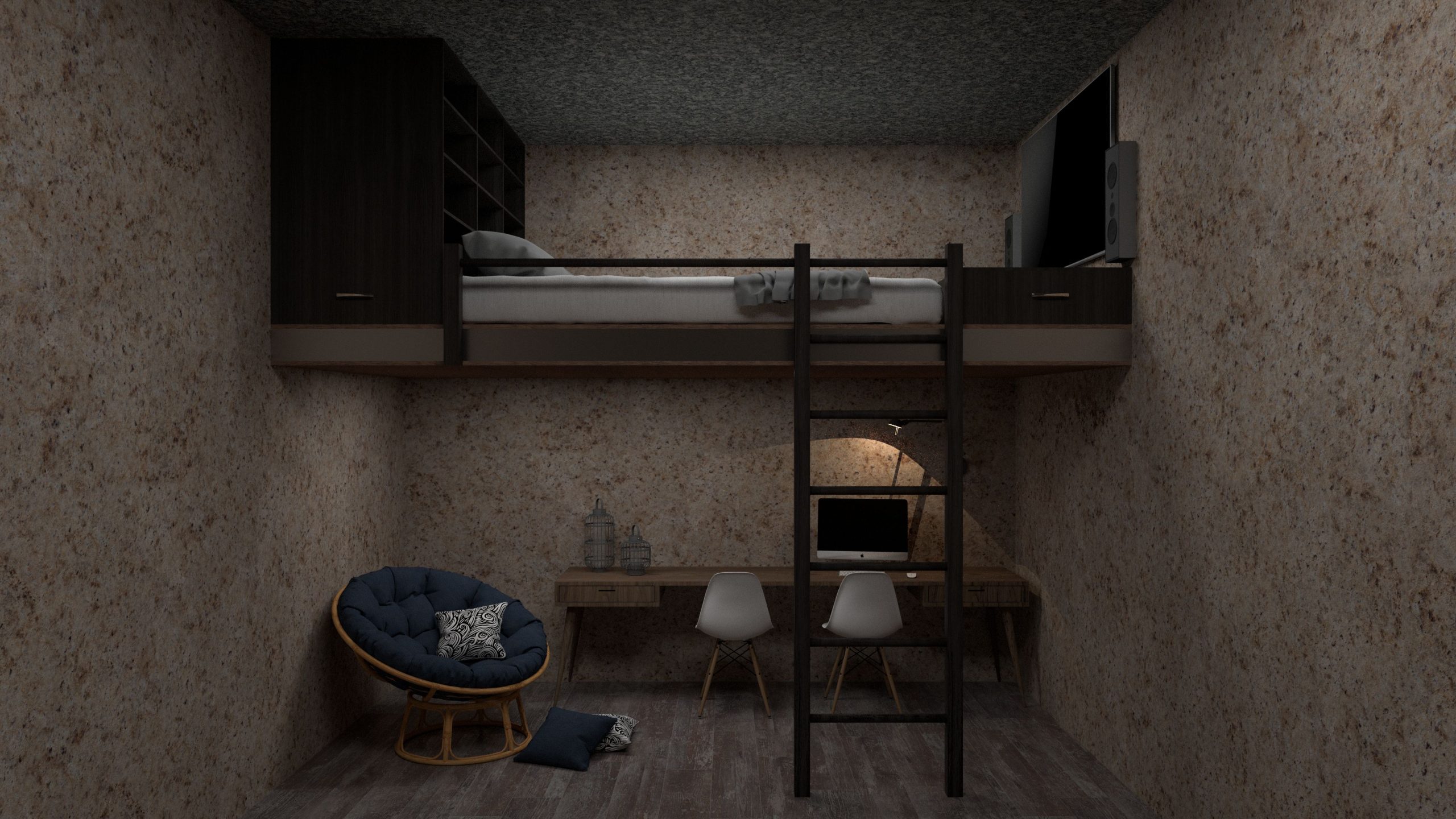 Chambre loft avec lit, espace travail et design interieur chic